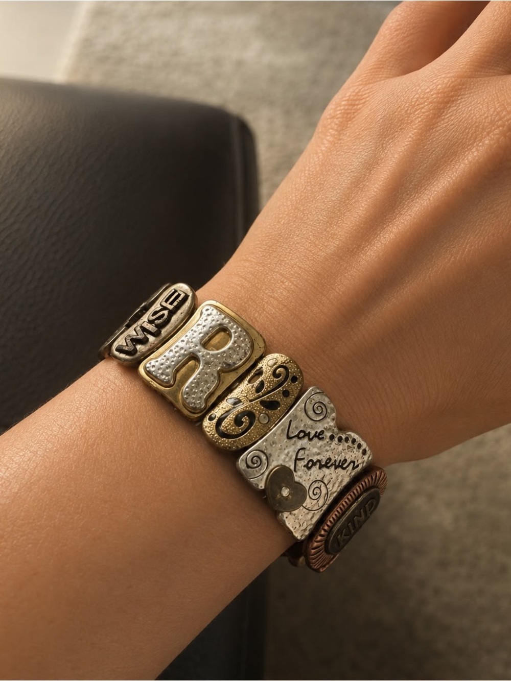 Mixed Metal Inspirational Stretch Bracelet Love Forever Boho Statement